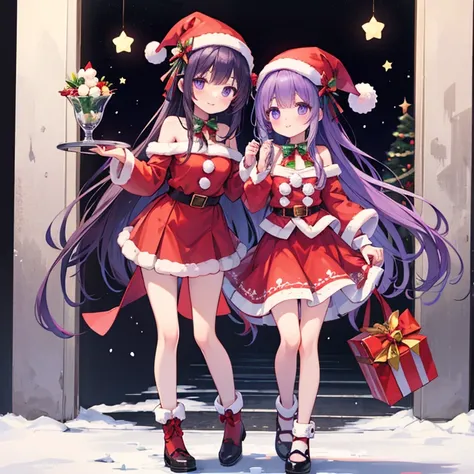  anime girl,  long purple hair ,  full body,  standing , Santa costume , Santa shoes