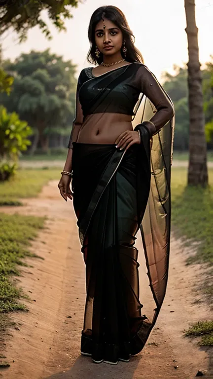 Tamil girl, beautiful bright eyes, (((wearing transparent black saree))), outdoors, light background, HDR, hyper realistic 