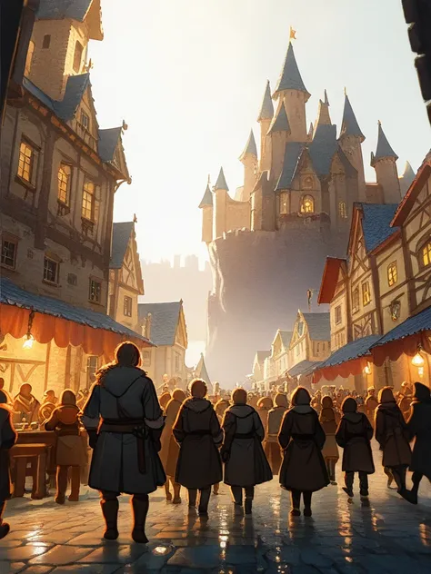 town, background castle , fantasy world ,bar, a lot of people, a boy in the middle of the road , houses on the sides , warm lighting coming out of side buildings,Panoramica , perspective, Epic,  majesty or imminent destination .Nadir Angle or Low-Angle Sho...