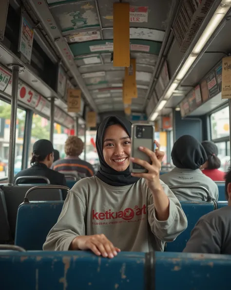 A highly detailed and realistic photo of a beautiful 19-year-old Indonesian woman from the Sundanese ethnic group, living in Bandung. She is wearing a casual hijab and a loose-fitting long-sleeve T-shirt with the text "ketikan.art" printed on it. She is si...