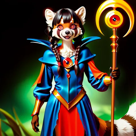  Furry female Anthro Red-Panda Magician ,  sexy young figure ,  magician's torn robe after a battle ,  visible chest , papillae are visible, Furry female Antro Red-Panda, in the hands of a battle magician's staff, casts the magic of death,  Furry female fl...