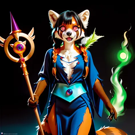  Furry female Anthro Red-Panda Magician ,  sexy young figure ,  magician's torn robe after a battle ,  visible chest , papillae are visible, Furry female Antro Red-Panda, in the hands of a battle magician's staff, casts the magic of death,  Furry female fl...