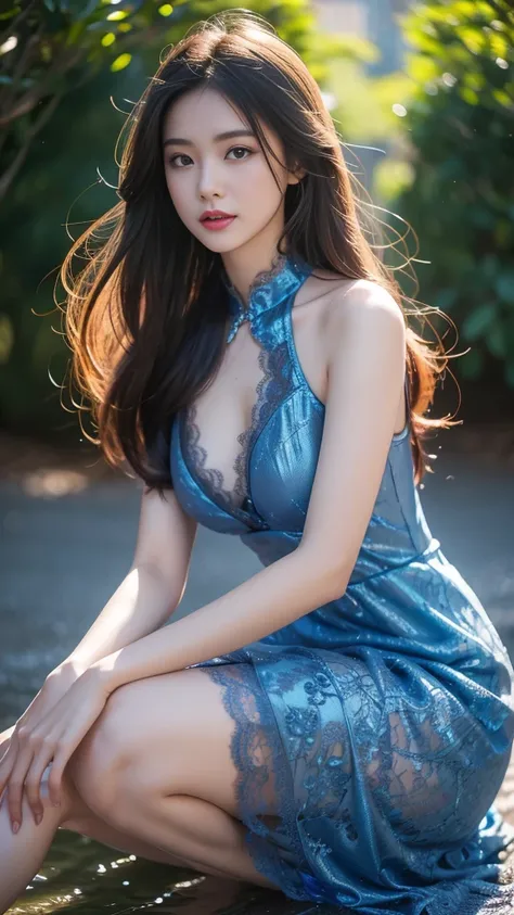 8K, UHD, MAsterpiece, best quality, 1 girl, (realistic face), happy pace, very long hair, small breasts, decorated dress, very beautiful ornaments dress, blue color, ((lace)), mesh dress, sardine, loops, in the park, depth of field, cinematic lighting, chr...