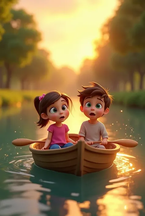 Image Prompt:
"A 3D Pixar-style scene of a  girl and boy with big green eyes, brown hair, wearing a pink shirt and blue pants, sitting in a small wooden boat. The boat is glowing with magical light as it floats on a calm river. The ren look surprised and e...