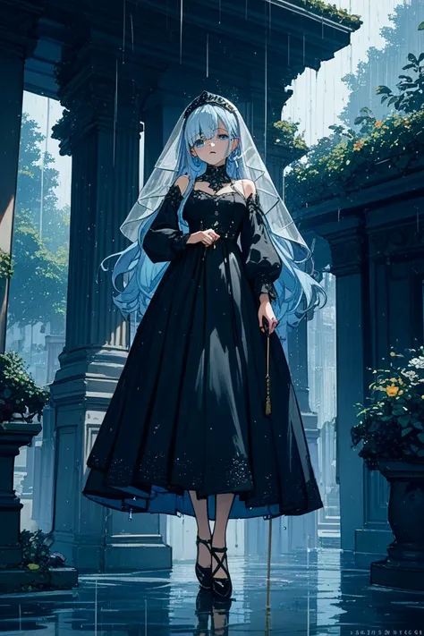 Full body painting　Her hair is light blue 　 long hair（I'm putting it down）　Eyes are hidden by hair　Rain all around　Face veil from eye to eye　 black dress　 looking down 