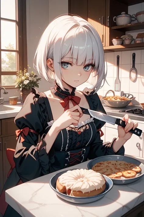 White-haired bob-cut girl hiding her eyes with bandages。The year is 12。I'm wearing a gothic lolita and I have a kitchen knife。