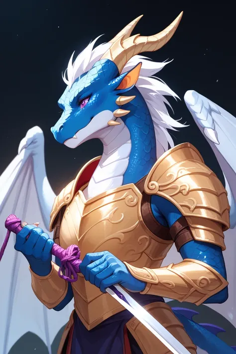  The figure of a woman with both angel and dragon traits ， with huge white wings stretched behind ， The hair is dreamy purple ，Dragonhorn stands out 。 The upper body is stitched with gold armor and blue-purple dragon scales ， The lower body is lightweight,...