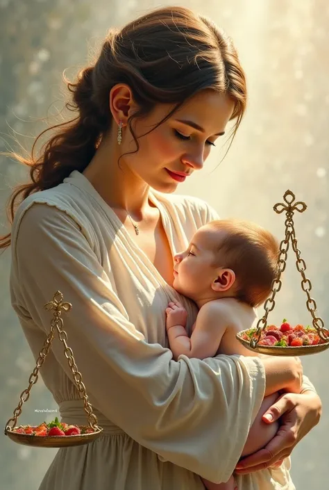 Generate an artistic inspirational image of a mother with her baby, mother holding a scale on which one side a text written food and other side is written health, solid artistic background. 