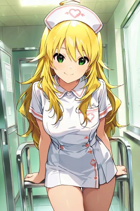  1 girl, Alone, 
Hoshii Miki ,  long hair,  
( Masterpiece、 top quality、 very well detailed:1.5),  one girl, chest, smile,   Looking Viewer, so beautiful,
nurse, nurse cap, breast pocket, collared dress, short dress, short sleeves, thighs, white dress, whi...