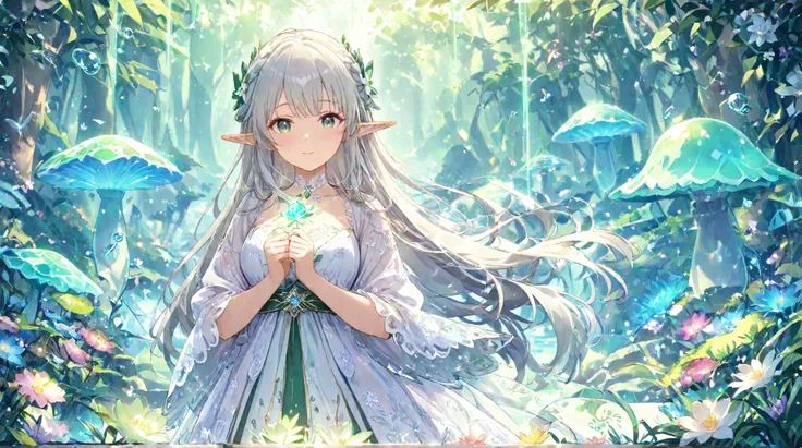 A fantasy-inspired girl with a mystical and ethereal appearance. She has long, flowing silver hair that shimmers under the light and translucent green eyes filled with depth. Her elf-like pointed ears peek out gracefully from her hair. She is dressed in a ...