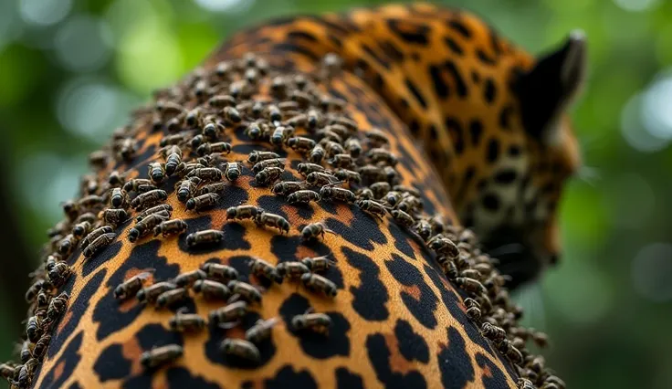 The camera focuses closer on the jaguar’s back, revealing a mass of bees densely covering its fur. The bees move chaotically, their delicate wings beating rapidly, some flying while others crawl across the jaguar’s body. The texture of the jaguar’s fur is ...