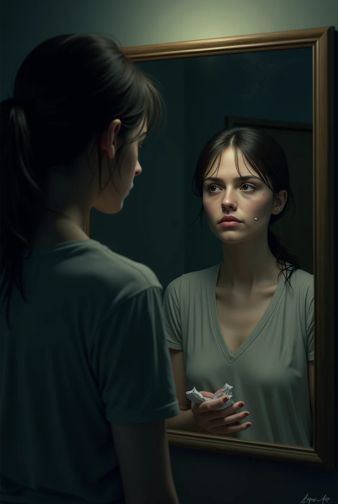 A sad woman in front of a mirror 