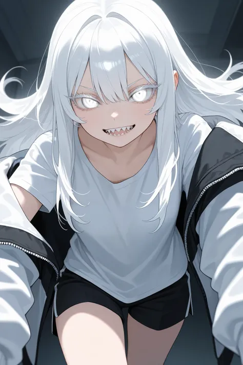 white eyes, white eyelashes, white hair, long hair, sharp teeth, heavy lidded eyes, jacket, white shirt, shorts, 1 girl, freightened