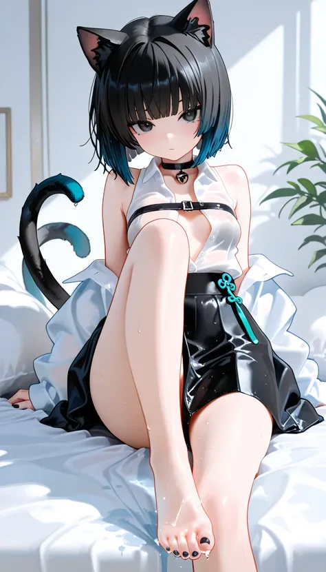 1girl, black eyes, tsurime, black Hair, blue and white gradient hair, blunt bangs, cat tails, 2tails, cat ears, small Breast, choker, bare legs, foot, black nails, masterpiece, best quality, Perfect details, perfect composition, absurdres, newest, very aes...