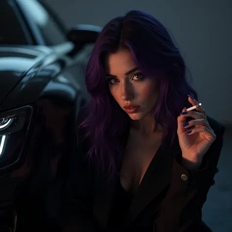 Fait moi une image une femme belle au cheveux noir au reflet violet une cigarette a la main . 
Elle est poser sur une audi rs6 noir 