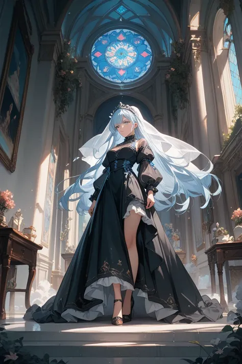 Full body painting　Her hair is light blue 　 long hair　 eyes are hidden　rain　 face veil　 black dress　 looking down 