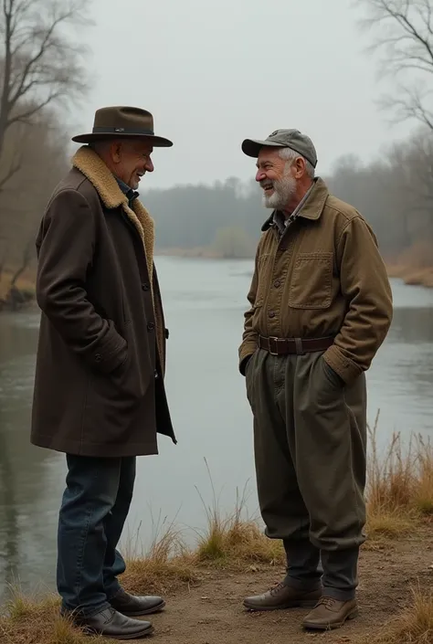 Image of the Man Laughing at the Pauper's Words: The middle-aged man laughs at the pauper's statement, shaking his head. The pauper remains quiet, not showing any emotion, still looking at the river as if he knows something deeper.