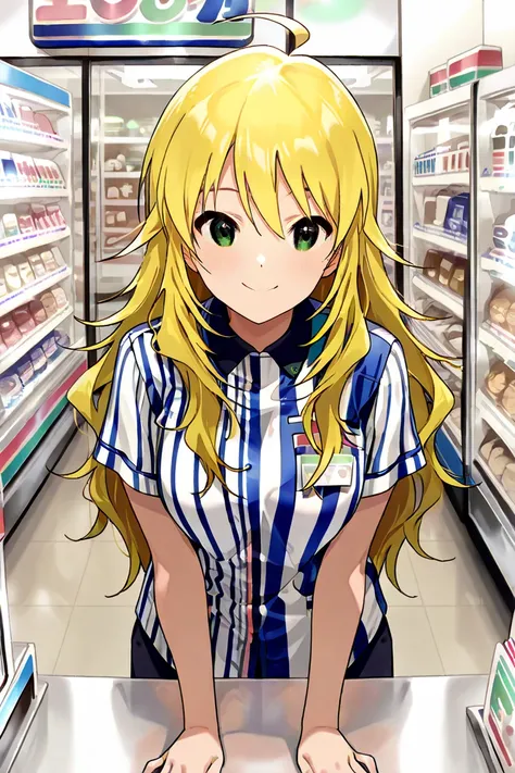  1 girl, Alone, 
Hoshii Miki ,  long hair,  
( Masterpiece、 top quality、 very well detailed:1.5),  one girl, chest, smile,   Looking Viewer, so beautiful,
(convenience store:1.3),convenience store employee uniform, (vertical-striped shirt:1.3),short sleeve...