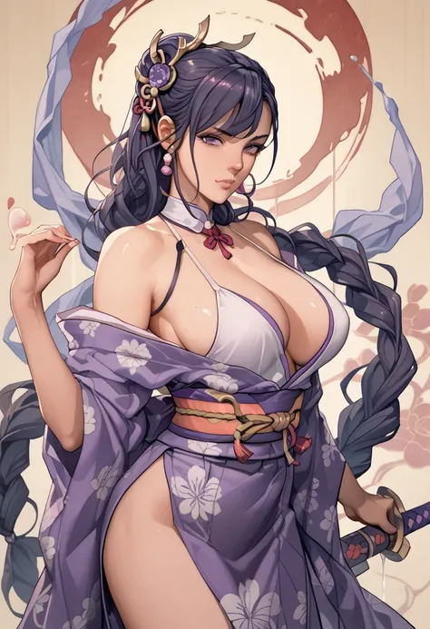 Japanese painting　 female swordsman　 dark hair　Proud and strong　Sharp, slanted eyes　High nose bridge　Aquiline Nose　Wear a sword or hold it in your hand　Eccentric　Light purple Japanese kimono　Big Breasts　 straight hair　 gorgeous hair ornament 　Bundle straig...