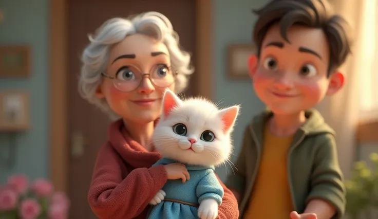 The old woman  holding the white persian kitten , arrives at the family’s home in the lady and men ,   characters :   kitten   wearing a little blue dress                                             3D cartoon style                        