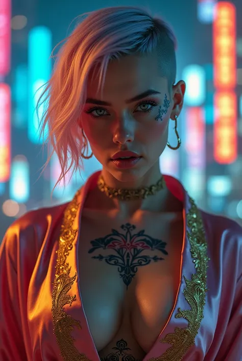 Hyper-realistic cyberpunk woman, close-up portrait, half-shaved pastel hair, intense gaze, cinematic lighting, open silk robe with golden embroidery, intricate floral chest tattoos, futuristic cityscape background, neon reflections, highly detailed, sharp ...