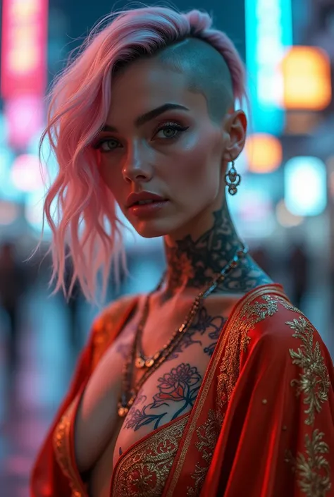 Hyper-realistic cyberpunk woman, close-up portrait, half-shaved pastel hair, intense gaze, cinematic lighting, open silk robe with golden embroidery, intricate floral chest tattoos, futuristic cityscape background, neon reflections, highly detailed, sharp ...