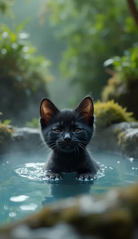 Black kitten bathing in a warm hot spring　My hair is wet

