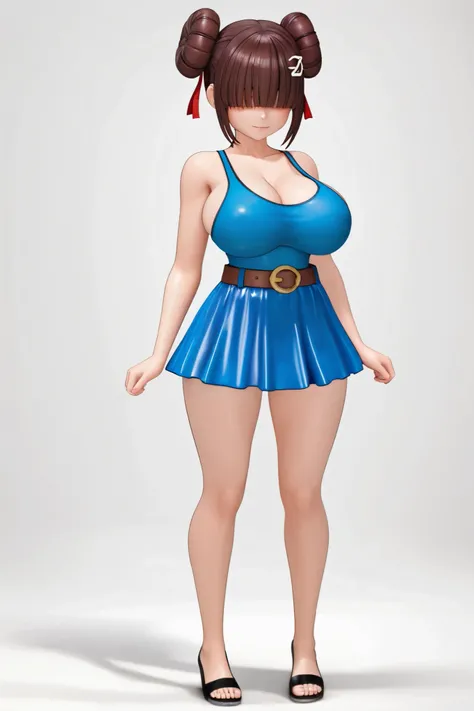 female, cute, sexy, white background, standing up straight, chocker, wearing tight red and blue tank top, wearing a short thrilly skirt with a belt, bangs over eyes, E-cup size breasts, hair in a bun, hair pins, massive tits, 4k, high render, 3d model, fro...