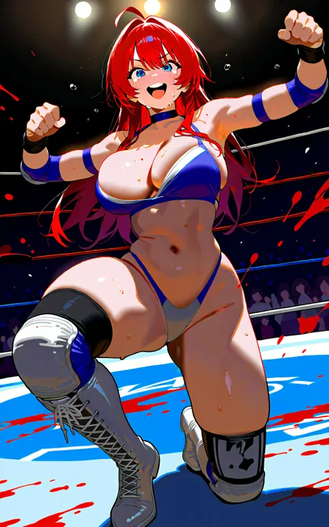 A female wrestler is stripped naked after losing a match, her wrestling costume is removed by her boyfriend, a crying woman, a fork is stuck in her breast, blood splatter, a wrestling ring, an excited crowd, silver boots,