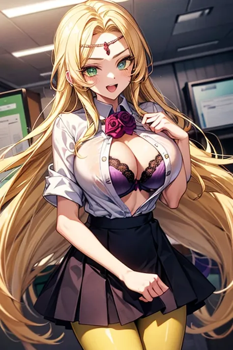 (((Rose Flower Circlet))),(((purple color bra))),ANIME_rosemon_yugiho_ownwaifu, light green eyes, Very detailed、highest quality、Best image quality、masterpiece、8k、Anime Face、A kind smile、Open Mouth、((yellow blonde long hair:1.5))、 sexy、 beautiful body 、Cowb...