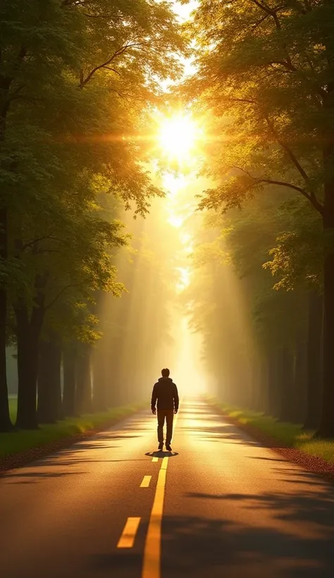  A long, sunlit road , surrounded by leafy trees, representing the path of life .  A person walks with firm steps ,  looking at the horizon,  transmitting trust and faith . In the background,  a heavenly light shines softly ,  symbolizing God's presence an...