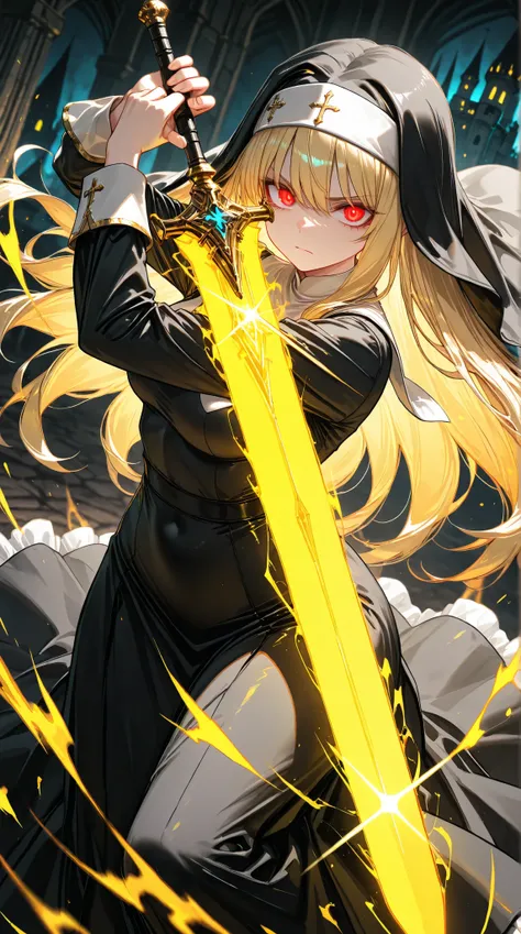solo, 1girl, aiming a Longsword at viewer, (glowing yellow sword, aura:1.3), fighting stance,
BREAK 1girl, nun, long dress, (Matte black:1.3) dress, glowing red eyes, long blonde hair, serious,
BREAK night, dark background, castle,
BREAK diffraction spike...
