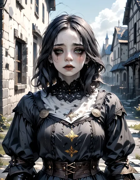 dark atmosphere, arm0rs3nt1n3l, BREAK medieval scenery, abandoned medieval town, ((night)), dark environment, rpg portrait style, BREAK  (thin face, gaunt face), (pale skin), undead-like skin, very short black hair, ((ugly female)), yellow irises, (mature ...