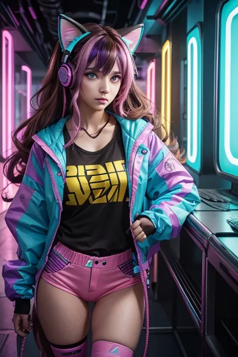 Girl with brown hair with yellow,cyan,purple,pink streaks, sideswept bangs and very long wavy, curly hair, cyberpunk outfit with cyan,purple,pink colors, brown angry eyes, neon purple,yellow cat ear headphones