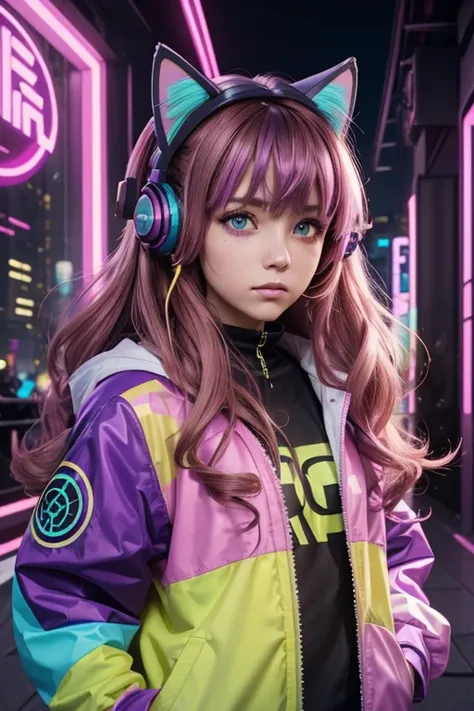 Girl with brown hair with yellow,cyan,purple,pink streaks, sideswept bangs and very long wavy, curly hair, cyberpunk outfit with cyan,purple,pink colors, brown angry eyes, neon purple,yellow cat ear headphones