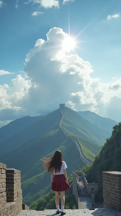 A high resolution photograph of Asuka in school uniform with long hair.
She stands with spread legs apart on the Great Wall of China. She looks at the camera that focusing her face. In the background is the beacon towers and mountains. The strong wind blow...