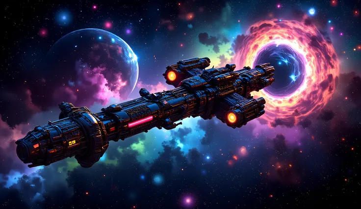 silver and colorfull long symmetrical (long) spacecruiser,Sci-fi, deep space, silver starscruiser, colorful planets, Milky Way, colorful, stars, cloudy planet, Swirling rainbow cloud, hyperrealistic center, in space, 8k, composite, masterpiece,