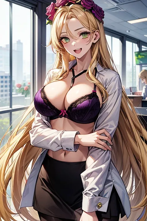 (((Rose Flower Circlet))),(((purple color bra))),ANIME_rosemon_yugiho_ownwaifu, light green eyes, Very detailed、highest quality、Best image quality、masterpiece、8k、Anime Face、A kind smile、Open Mouth、((yellow blonde long hair:1.5))、 sexy、 beautiful body 、Cowb...