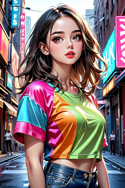 a colorful hip hop girl rapper in vibrant outfit, beautiful detailed eyes, beautiful detailed lips, extremely detailed eyes and face, long eyelashes, dynamic pose, street fashion, urban setting, (best quality,4k,8k,highres,masterpiece:1.2),ultra-detailed,(...