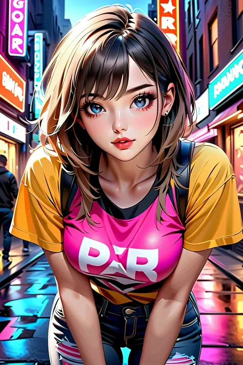 a colorful hip hop girl rapper in vibrant outfit, beautiful detailed eyes, beautiful detailed lips, extremely detailed eyes and face, long eyelashes, dynamic pose, street fashion, urban setting, (best quality,4k,8k,highres,masterpiece:1.2),ultra-detailed,(...