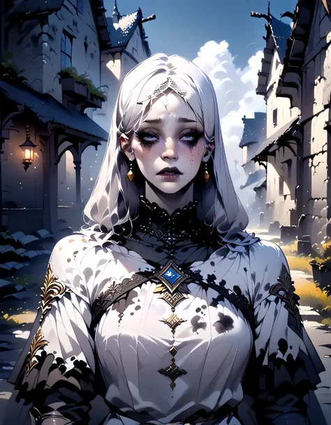 dark atmosphere, arm0rs3nt1n3l, BREAK medieval scenery, abandoned medieval town, ((night)), dark environment, rpg portrait style, BREAK  (thin face, gaunt face), (pale skin), undead-like skin, very short black hair, ((ugly female)), yellow irises, (mature ...