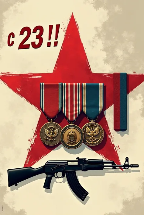 On the top left, write C 23 !!  to the right of it, draw three medals in the middle of the page, draw a red star in front of which there will be a Kalashnikov 47 rifle