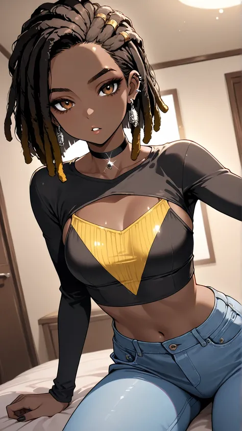 1Girl, Mature, Ebony, African American, Dark Brown Skin, Jet Black Thin Dreadlocks, Medium Straight Dreadlocks In Bob, Shiny Hair, Bright Brown Eyes, Black Nails, Dark Brown Eye Shadow, Medium Chest, Baggy Yellow High-Cut Long-Sleeve Crop-Top, Tight Light ...