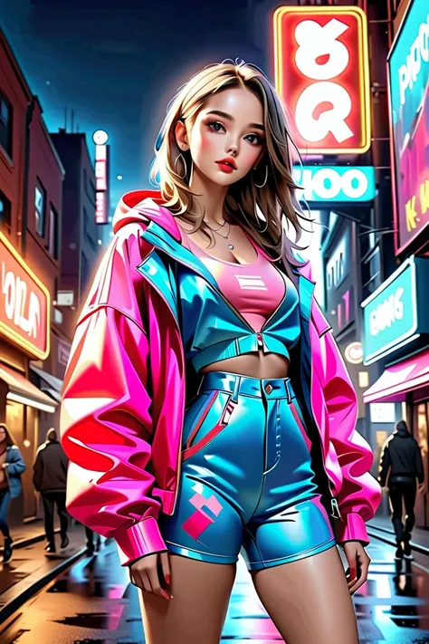 a colorful hip hop girl rapper in vibrant outfit, beautiful detailed eyes, beautiful detailed lips, extremely detailed eyes and face, long eyelashes, dynamic pose, street fashion, urban setting, (best quality,4k,8k,highres,masterpiece:1.2),ultra-detailed,(...