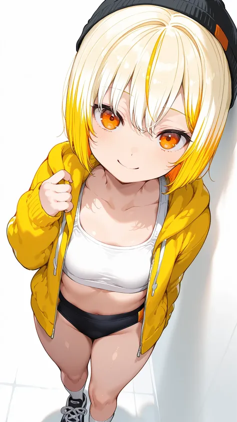 solo,  girl, ( Masterpiece), ( high definition model), (Soft hair:1.7), very detailed, anatomically correct,  sling, ( blonde and orange gradation color hair:1.5), Long bob cut hair, chest, [Thick thighs:0.8], fuzzy black and yellow hoodie, (( black spats:...