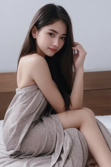 1 Girl, Beautiful, Baby Face, 20 Years Old, White Skin, seen from the side, mediun round breast , Skinny, ,  ,1girl, long messy hair, black eyes, ,  sitting on bed, (( sarong dress )), full body, sweaty, absurdres, high res, ultrasharp, 8K, masterpiece, lo...