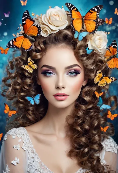 A very beautiful European woman wearing perfect makeup with curly hair, a very beautiful flower decoration on the head surrounded by butterflies. Von Grandge