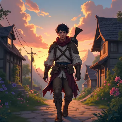 handsome man age 18, with short dark brown hair wearing bandit light armour, walking on road village, realistic 4k, RPG adventure, evening, beautiful arua sky