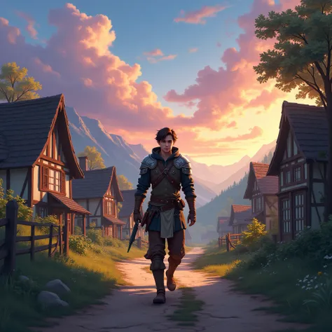 handsome man age 18, with short dark brown hair wearing bandit light armour, walking on road village, realistic 4k, RPG adventure, evening, beautiful arua sky