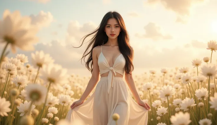 A radiant Vietnamese sexy woman in a flowing sexy dress, standing in an endless field of glowing white flowers under a bright, sunny sky. Her long black hair flows in the wind, and her expression is full of hope and renewal. The flowers around her emit a s...